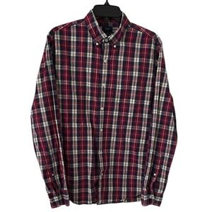 J. Crew Men's Red Navy White Plaid Casual Slim Pocket Button Down Shirt Size M